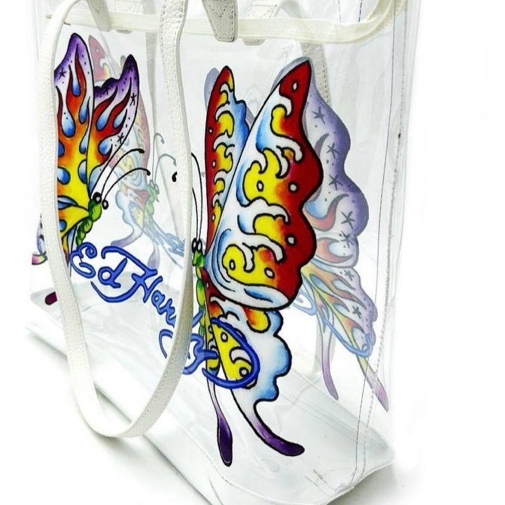 Ed Hardy Clear Tote Bag with Vibrant Butterfly Design - Picture 2 of 5